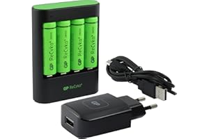 Batterieladegerät für NI-MH AA/AAA Akkus, Intelligentes Schnellladegerät mit Einzelschachtüberwachung, Inkl. 4X ReCyko+ Akkus AA 2600mAh (GP Batteries