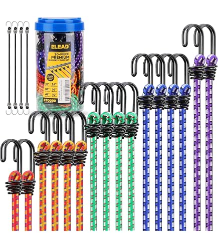 EFFICERE Bungee Cord Set – 24 Teile In Dose, Mit Spanngurten 25–101 Cm & Ballbändern, UV-beständig, Kratzsicher