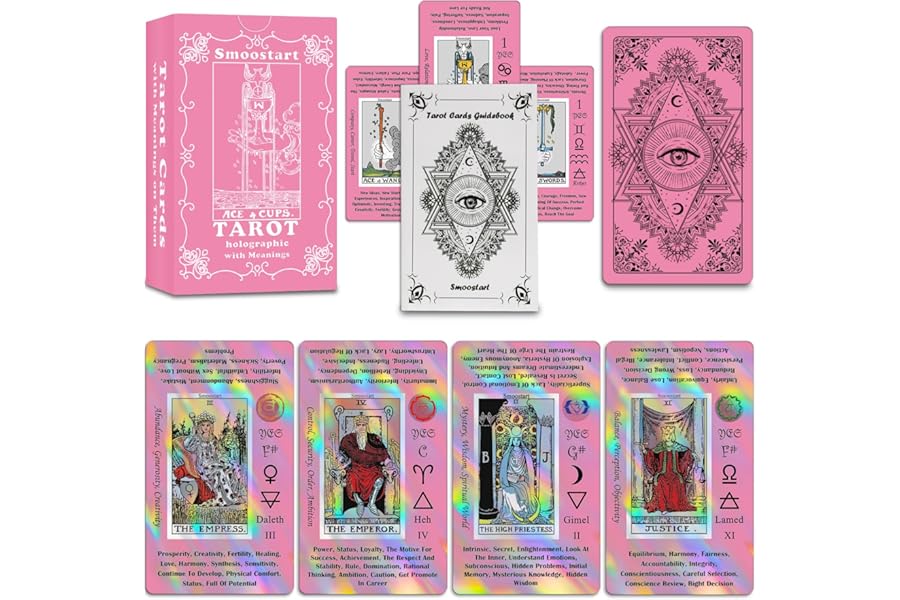 Smoostart Pink Holographic Tarot Cards with Meanings, Tarot Cards Deck with Guidebook for Beginners, Keywords, Element, Planet, Zodiac, Chakra, Yes or No, Musical Pitch, Numerology, Hebrew Alphabet