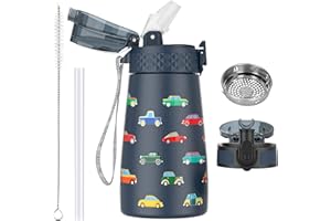 OLDLEY 350ml/12oz Borraccia per Bambini in Acciaio Inossidabile con Cannuccia per Scuola con 2 Diversi Coperchi Bottiglie d'acqua Isolate Sottovuoto in Metallo Fiaschetta per Bevande Fredde Calde Senza BPA