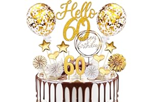 SUPRELUCK Tortendeko 60 Geburtstag Frau Mann, 20 Pcs Tortendeko Gold Deko 60 Geburtstag, "Hello 60" Cake Topper mit Geburtstagskerzen, für 60 Geburtstag Deko Mann Frau Kuchen Deko