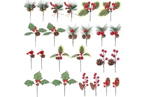 MWOOT 24 Piezas Ramas de Pino Artificiales, Púas de Pino Navidad con Bayas Rojas Piñas Hojas de Acebo Campanas, Ramas de Abeto para Guirnalda Árbol de Navidad Mesa Decoración del Hogar