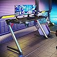 ELEGANT Gaming Desk with LED Lights Large Z Shaped PC Gamer Tables Pro with RGB lighting for Men Boyfriend Female Gift 140x60cm with Headphone Hooks, Cup Holder Black Computer Table Workstations
