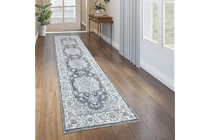 CAROMIO Rug Runner Stain & Water Resistant Non-Shedding Distressed Floral Area Rug for Hallway Bedroom Living Room Kitchen, Washable Vintage Look Carpet 60 x 230 cm, Czerwony