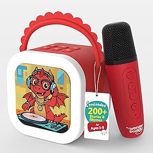 WonderBuddy StoryBox Mini, 200  Stories & Rhymes Preloaded, Karaoke Mic for Singing, RGB Lights, Kids Speaker, Musical Toy, Best Gift for 3-5 yr Kids - Dragon with Mic