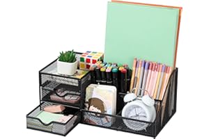 Vikmyer Mesh Desk Supplies Organizer with Drawers, Multi-functional Desk Organizer and Accessories with 6 Compartments, Desktop Stationery Organization for Office Home School (Black)