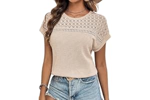 Chicrise Womens Summer Tops Lace Short Sleeve T Shirts Round Neck Casual Blouse Loose Fit