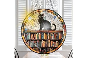 VAIIEYO Book Sun Catcher Stained Glass Window Hanging Ornament, Handmade Sun Catcher Black Cat Animal Decoration with Hooks for Window Garden Home, Christmas & Birthday Housewarming Gift (20 cm)