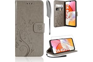 AROYI Lederhülle Kompatibel mit Samsung Galaxy A14 5G/ A14 4G Hülle und Schutzfolie,Wallet Handyhülle Leder Tasche Kartensteckplätzen Schutzhülle Kompatibel mit Samsung Galaxy A14 Grau