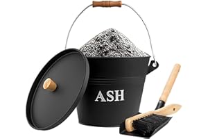‎MGIESSCA Ascheeimer mit Deckel 5 Liter, Reinigungsbürste, Schaufel,Zubehör für Kamine, Feuerstellen und Holzherde, Mehrzweck-Aschenbecher, Kohleeimer schwarz Kamineimer,Metalleimer