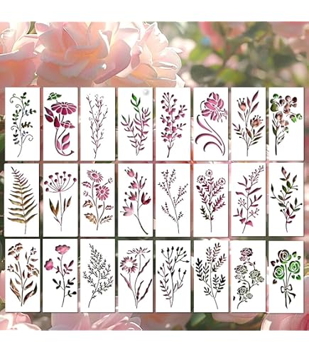 20 Stencil Floreali Per Pittura | Riutilizzabili In PET | 7,5 X 7,5 Cm | Per Legno, Pareti, Mobili, Tessuti