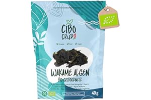 ‎CIBO CRUDO CRUDO BIOLOGICO VEGAN Wakame Algen Bio - 40g. Premium Qualität Sonnengetrocknet Alge. Seetang Blätter für Miso Suppe oder Dashi. Wakame Algen Getrocknet.