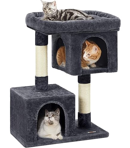 Feandrea Cat Tree PCT117B01 Modern Cat Tree, Metal Tubes, with Cushion and Platform, Sisal Stem, Cat Play Ball, 80 x 43 x 111 cm, for Small, Large, Old Cat, Classic Black