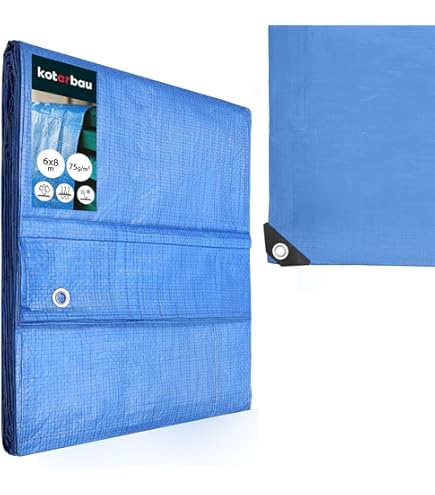 Perel Afdekzeil tarpaulin 6 x 8 m, waterafstotend polyester 110 g/m², rechthoekig zeil met 28 oogjes en versterkte hoeken, voor tuinmeubelen, hout, trailer, blauw groen : Velleman Group nv