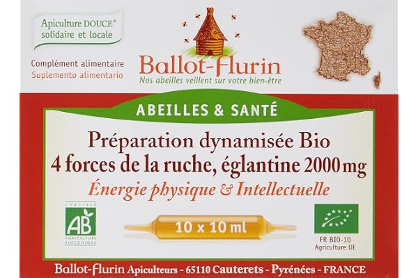 Ballot-Flurin - Préparation Dynamisée Bio 4 Forces de la Ruche - Gelée Royale, Propolis Bio Pure, miel & Pollen - 10 ampoules de 10ml - Certifié bio - Fabriqué en France