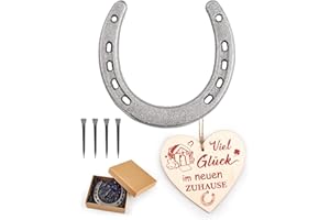 NETONDA Podkowa talizman na szczęście, zestaw prezentowy na wesele, parapetówkę, z 4 gwoździami, tabliczka w kształcie serca, motyw szczęścia w nowym domu, prezent na parapetówkę, talizman na urodziny