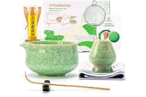 ‎TEANAGOO TEANAGOO Zestaw trzepaczek Matcha, zestaw 7 szt., zielony, zestaw do ceremonii matcha, zestaw do herbaty matcha do robienia latte, ceramiczna miska (chawan) z wylewką i trzepaczką, prezent dla