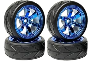 KINGCOO RC Set di pneumatici e ruote per auto, 4 pneumatici in gomma da 64 mm e 6 raggi, cerchioni in plastica, 12 mm, esagonali per 1/10 RC On-Road Run-Flating Touring Racing Auto (blu)