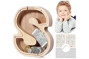 MoneRffi Personalized Letters Wooden Piggy Bank, A-Z Letters Coin Bank Money Box with Clear Alphabet Stickers, Money Saving Bank For Family Christmas Birthday Gift Home DIY Decoration