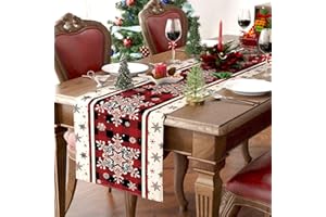 Aiuuee Runner Natale, Runner Rosso Natale 183 x 33cm, Runner da Tavolo in Lino e Cotone, Decorazione da Tavola per Natalizio Inverno Matrimoni Feste(Fiocco di Neve)