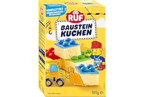 ‎RUF RUF Baustein Kuchen Komplettset Backmischung für einen großen Blechkuchen mit bunter Glasur und Schokolinsen, lustiger Backspaß mit Kindern, ideal für Geburstage und Motto-Parties