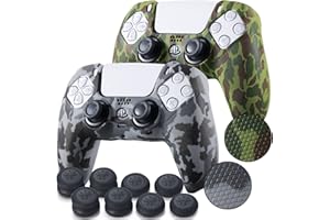 9CDeer 2 Pezzi di Texture Stampa ps5 Accessori Controller Skin Case Cover Verde & Grigio con Pro Thumb Grips x 8