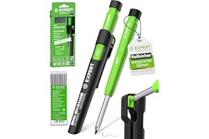 EXPERT DRY Zimmermannsbleistift inkl. 11 Minen | Mit integriertem Spitzer | Nachfüllbarer Tieflochmarker mit Graphit-Minen-Set | Handwerker Bleistift für Holz, Glas oder Metall | Bleistift Baustelle