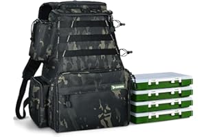 Rodeel Angeltasche, Große Angelgerät Tasche, Wasserdichter Rucksack zur Aufbewahrung und Organisation von Angelzubehör und Angelausrüstung, Rucksack zum Campen, Wandern, Reisen, mit oder oohne Boxen