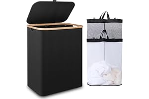 iEGrow Großer Wäschekorb mit Deckel 150L, Wäschesammler 2 Fächer mit Herausnehmbaren und Waschbaren Innentaschen, 2 Fächer Wäschekorb für Drity Tuch Spielzeug Handtücher Aufbewahrung (Schwarz)