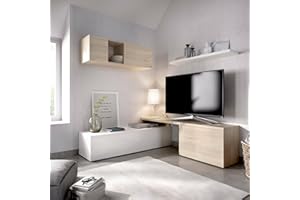 Dmora Parete attrezzata Baker, Set da Soggiorno modulare ad Angolo, Mobile Salotto Porta TV Multiposizione, 201x41h180 cm, Bianco Lucido e Rovere