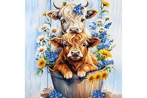 OkarinaArt Diamond Art Kits Adults Highland Cow, DIY 5D Diamond Painting Kit for Adults, Cow Full Round Drill Gem Art Dots Beginners, Perfect for Home Wall Decor 14X14 Inch