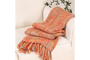BATTILO HOME Orange Throw Blanket for Sofas Rustic Fall Decorative Bed Throws Boho Knitted Throw Travel Blanket Nap Throw for Armchair Couch and Bed 127x152cm