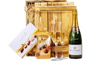 ‎GESCHENKBOX - 24 Geschenkset Nizza | Geschenkkorb gefüllt mit Sekt Brut Chardonnay, Lindt Pralinen & Holzkiste | Schokoladen Präsentkorb für Frauen & Männer zu Weihnachten, Geburtstag, Dankeschön