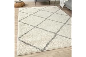 THE RUGS Shaggy Rug – Modern Moroccan Design Rugs for Living Room, Bedroom, Hallway, 3 cm Thick Area Rugs, (Diamond Ivory/Grey, 120x170cm)