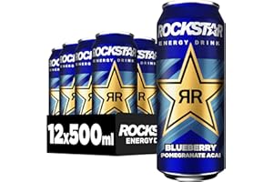 ‎ROCKSTAR Rockstar Energy Drink Blueberry Geschmack - Koffeinhaltiges Erfrischungsgetränk für den Energie Kick, EINWEG (12 x 500ml) (Verpackungsdesign kann abweichen)