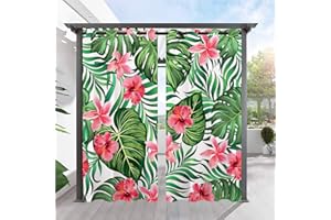 ANHOPE Rideaux D'extérieur Imperméable Rideaux Extérieur avec Oeillet Rideau Imprime Tropical Feuille de Palmier Fleur Rideau pour Jardin Pergola Terrasse Balcon 132L X 240H cm (2 Panneaux)