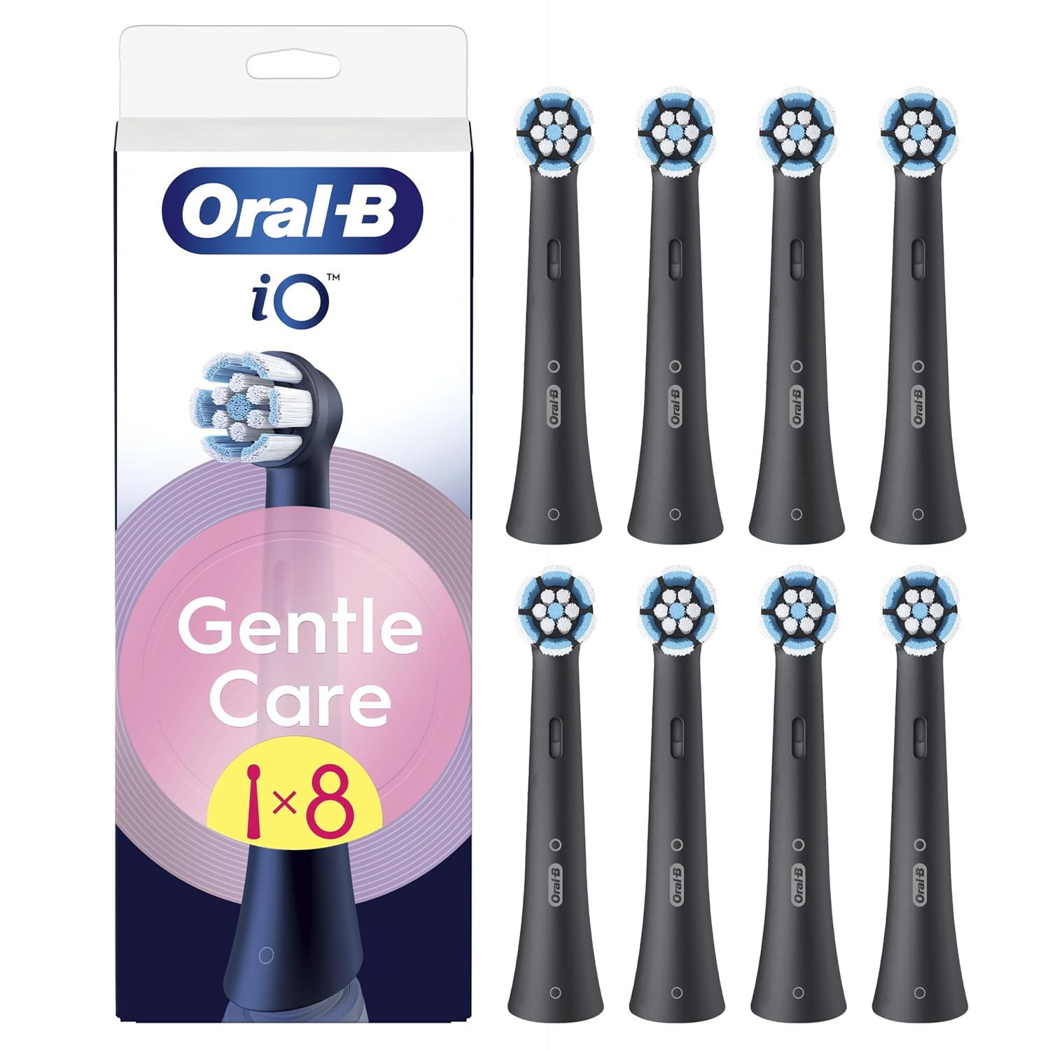 Oral-B Testine di Ricambio iO Gentle Care Nere per Spazzolino Elettrico Oral B, 8 Testine Rotonde Autentiche per Gengive Sensibili, Setole angolate per rimuovere la placca | 8 Testine di Ricambio per Spazzolino Elettrico, Rotonde Originali per Gengive Sensibili, Setole Angolate