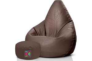 DECORESTOR Puff Pera XXL con Relleno Incluido – Puff con Reposapies - Ideal para Adultos y Niños, 100% Polipiel (XXL + Reposapies, Chocolate)