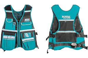 Total - Tool Holder Vest | 11 Pockets & Hammer Holder | Adjustable & Breathable Design | Max 3 KG Load | Quick Tool Access | Fits All Sizes, Black/White, One Size, Polyester