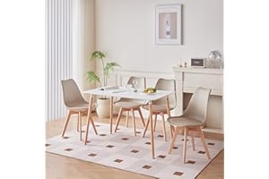 GrandCA HOME Rechteckiger Esstisch mit 4 Esszimmerstühlen, geeignet für Esszimmer, Küche, Wohnzimmer, weißer Esstisch und beige Stühle