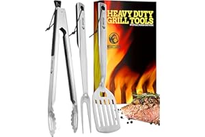 Mountain Grillers Grill Zubehör Set 3er-Pack Langlebiges Edelstahl Grillbesteck Set mit Zange, Pfannenwender und Fleischgabel - Perfekt als Grillbesteck Set mit langem Griff für Männer