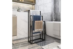 HOJINLINERO 3 Tier Freestanding Towel Rail Rack Stand,Metal Holder and Drying Bathroom Kitchen,Towel Ladder Towelsor Clothing,Bath Storage & Hand Towels,Washcloths, Black