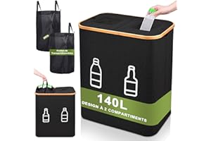 IEEILULU Système de séparation des déchets pour verre, plastique, papier, panier à linge sale avec couvercle, 140 l, grand panier à linge pliable avec 2 compartiments (Noir)
