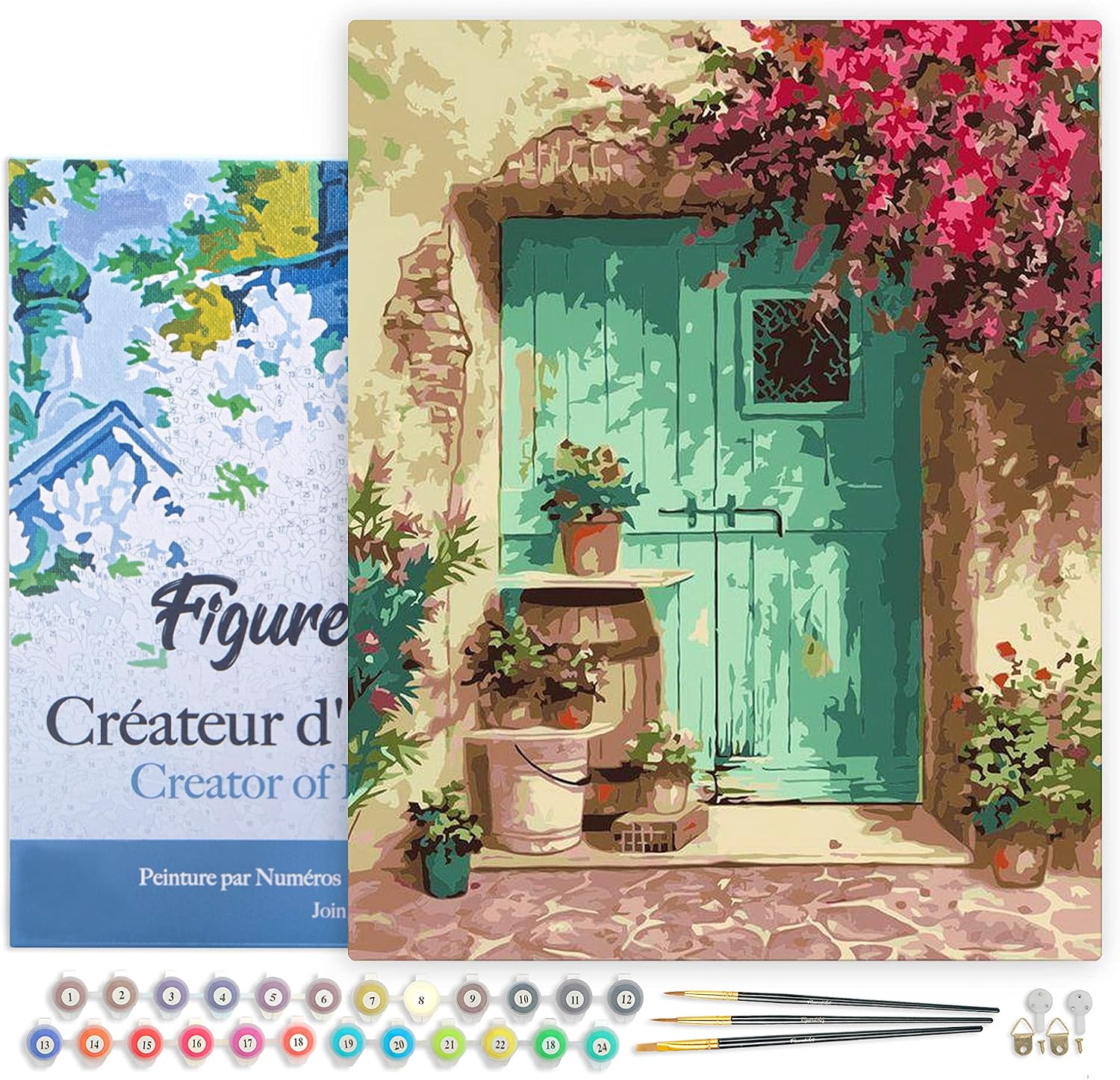 Figured'Art Pintar por Numeros Adultos con marco Entrada florecida - Manualidades pintura acrilica Kit Cuadro DIY completo - 40x50cm con bastidor montado