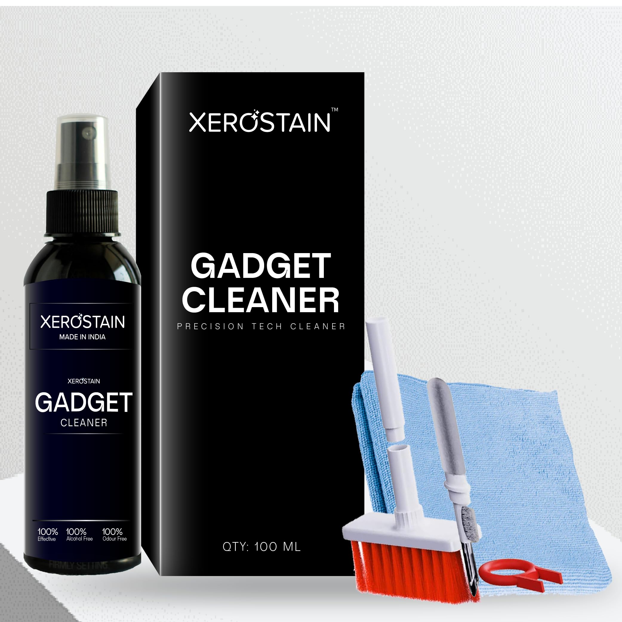Xerostain Premium Gadget Cleaning Spray Kit with Microfibre Cloth and 5-in-1 Brush (100 ml) | Alcohol Free | Effective for Camera, Binocular, Laptop, TV, Monitor, Tablet, Smartphone etc.