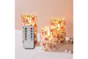 Eywamage Floral Glass Flameless Candles with Remote, Flickering Battery Powered LED Candles D 3" H 4" 5" 6"
