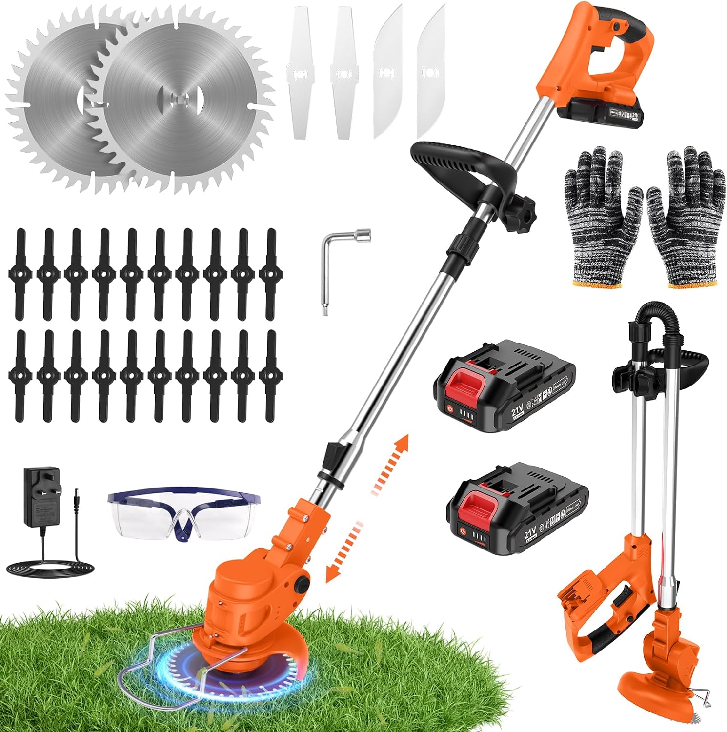 21V Cordless Strimmer, 700W Grass Trimmer with 2x 2000mAh Batteries, Lightweight Foldable Battery Strimmers Cordless with 26 Blades,90° Adjustable Head for Garden Lawn Weeding - Deep Orange