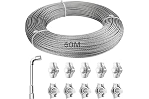 KOMABLEN 60m Cable Acero 2mm, 304 Inoxidable Cable de Acero con Abrazadera de cable, Núcleo de 7 x 7 Tensor Cable Acero Cuerda Tendedero Exterior para Soporte Planta, Esgrima, Toldos