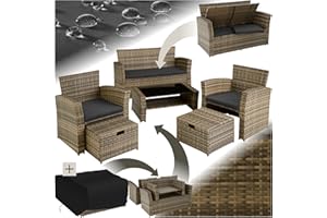 TecTake® Rattan Garden Furniture, with 1 Sofa, 1 Table and 2 Chairs with 2 stools, Patio Furniture Includes Garden Storage Box and Protective Cover, Ideal for Garden, Conservatory, patio - natural