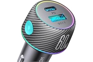 JOYROOM 60W Super Fast Car Charger Adapter [PD30W & QC30W] USB C Car Phone Charger 12V Cigarette Lighter USB Charger with LED Light and Carbon Fiber Material Fast Charging for iPhone 15 Samsung S23